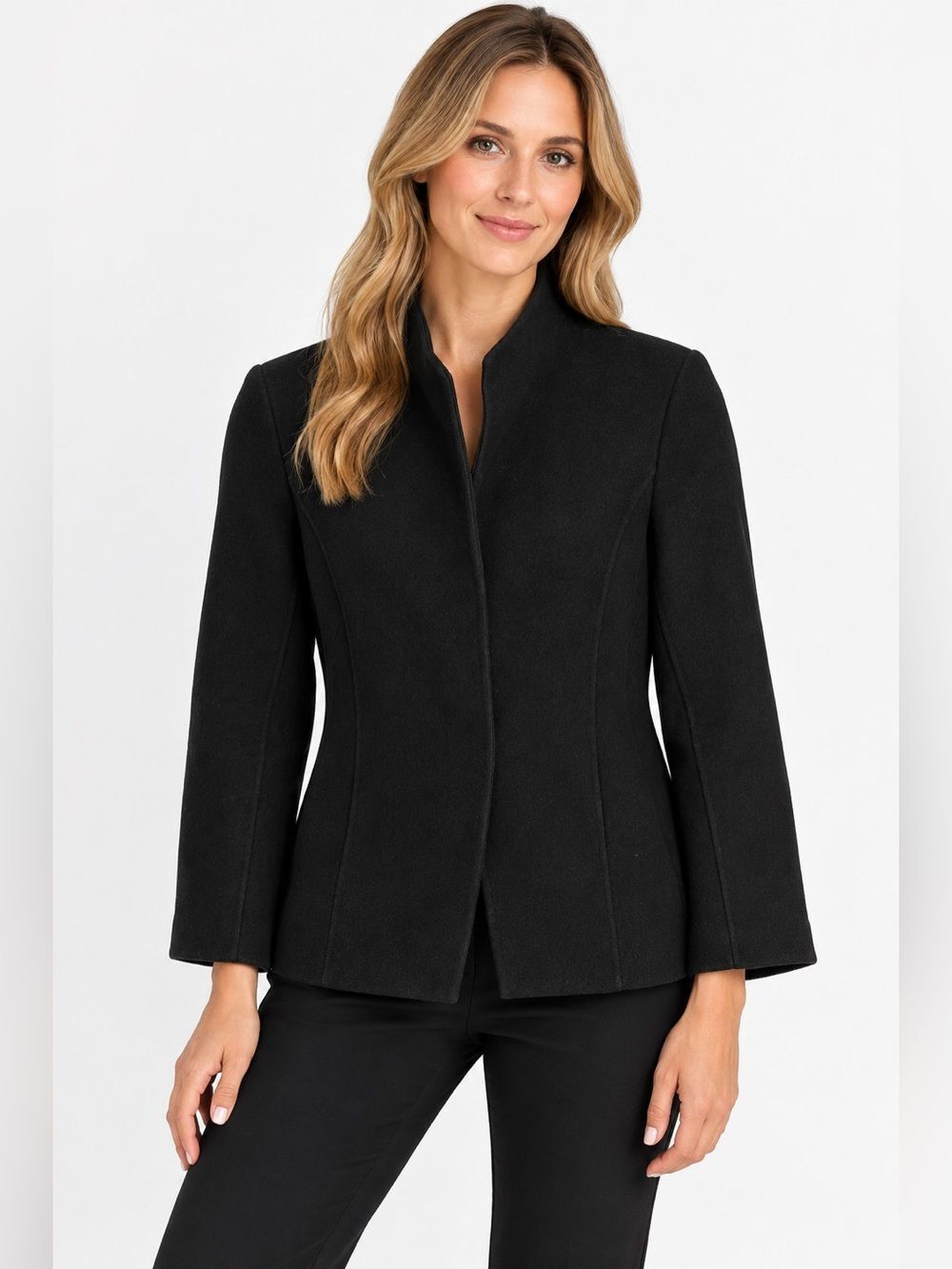 Eileen Fisher Black Stand Collar Open Front Wool/Cashmere Blend Jacket Small